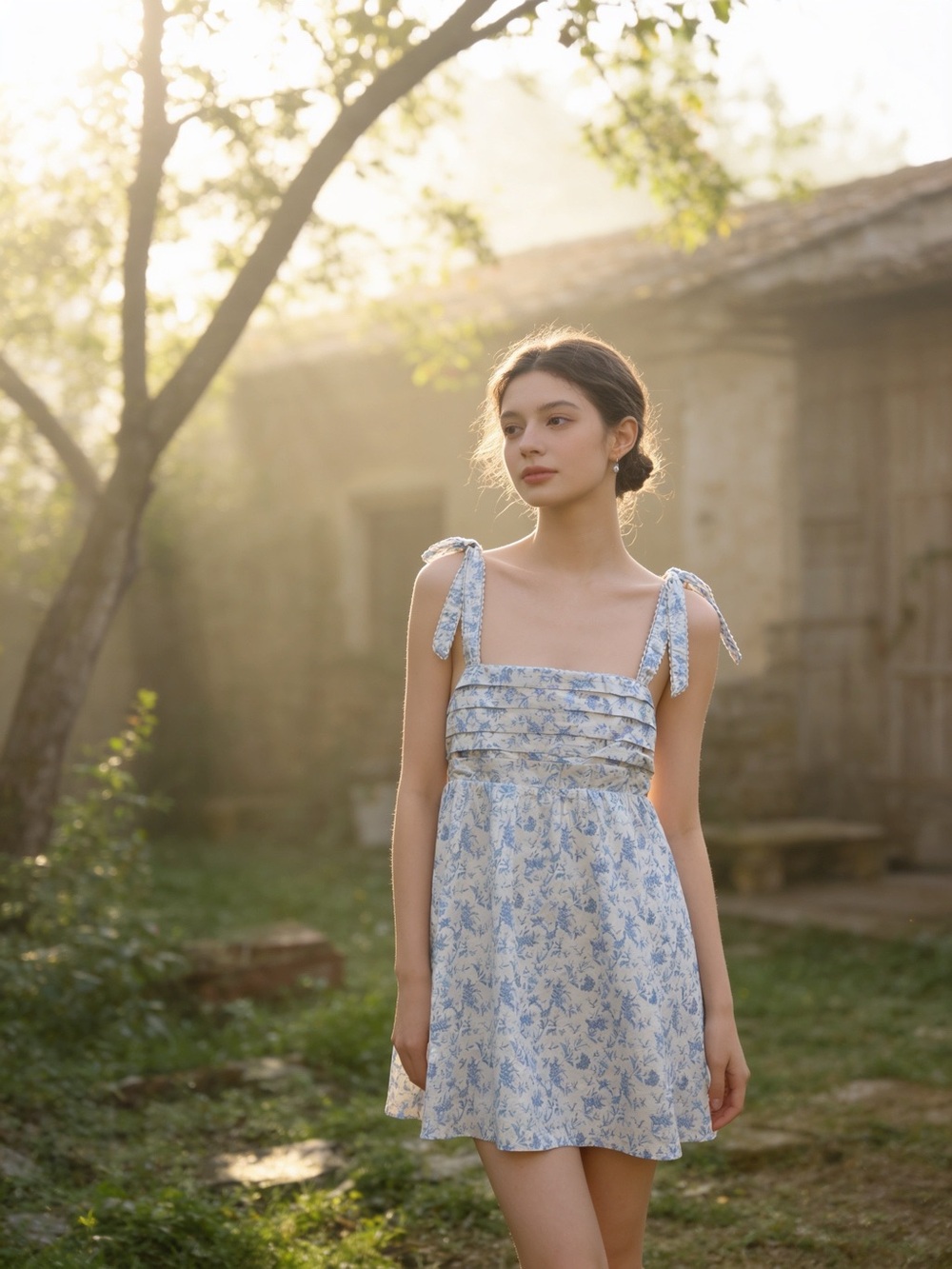 Altar'd State Blue and White Floral Tie-Shoulder Mini Dress